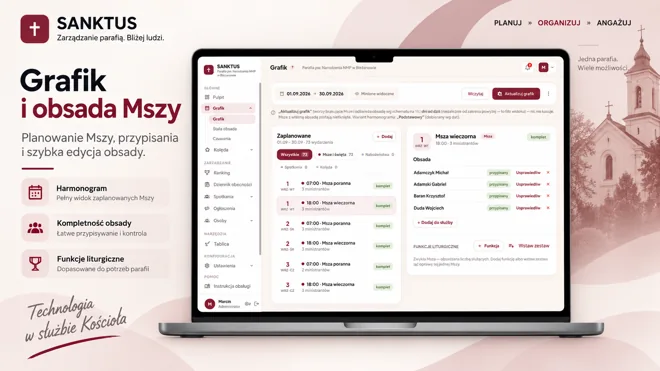 Grafik i obsada Mszy — materiał prezentacyjny Sanktus Liturgia