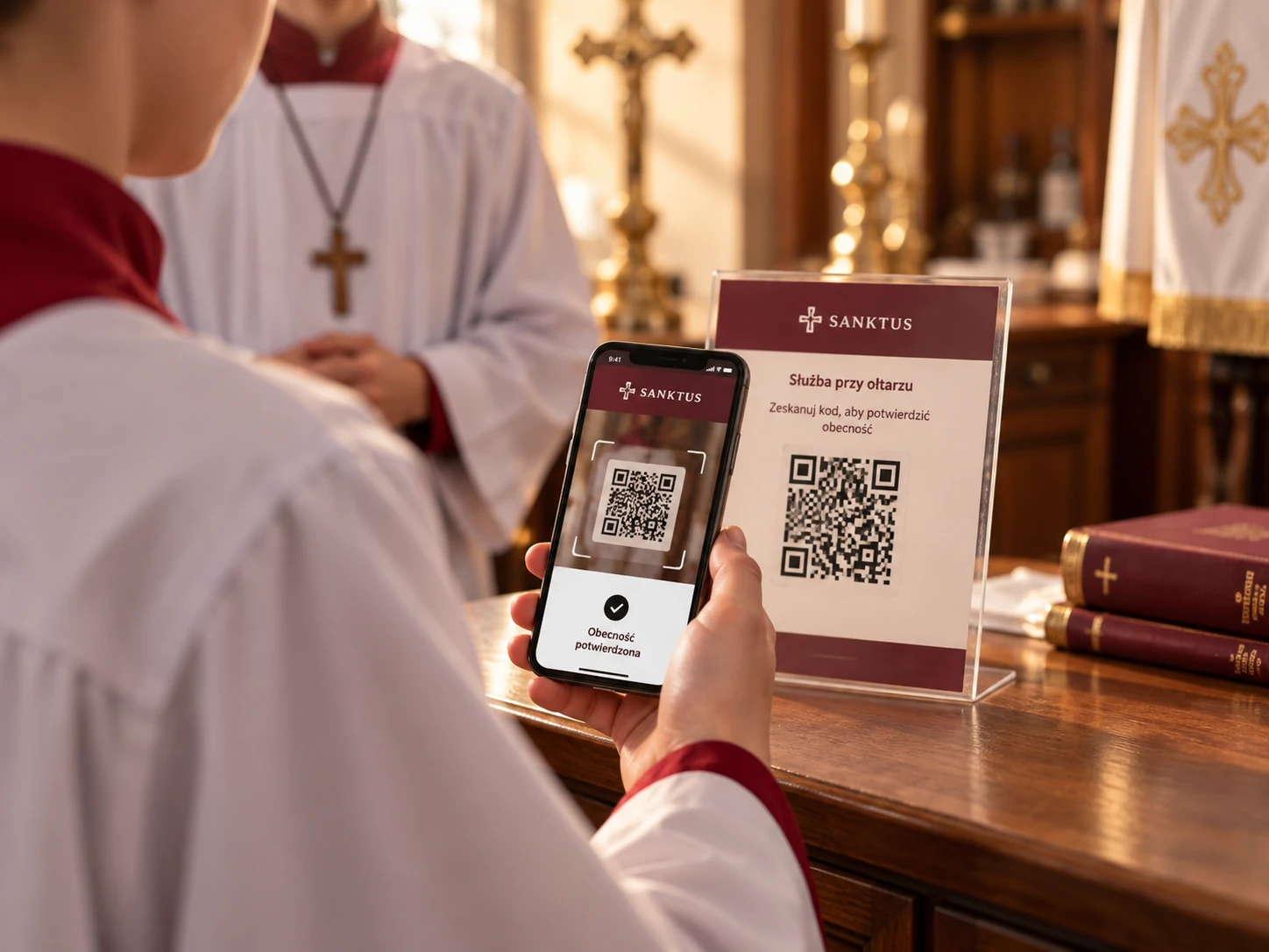 Ministrant skanuje kod QR telefonem w kościele