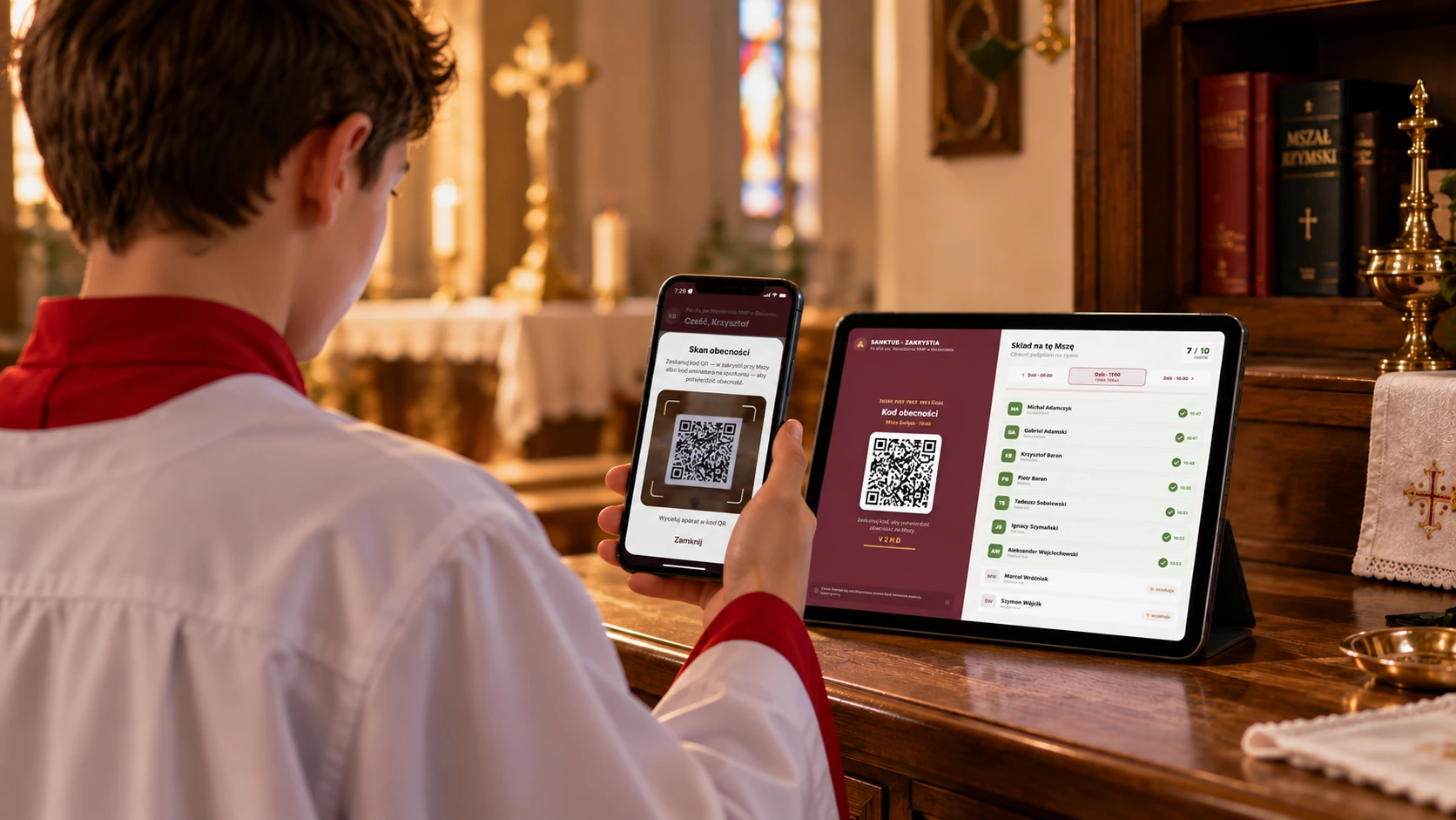 Ministrant skanuje kod QR widoczny na zwykłym tablecie stojącym w zakrystii. Wizualizacja.