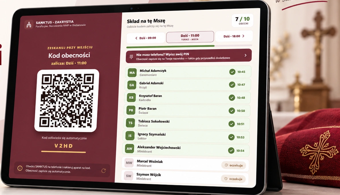 Tablet w zakrystii z widocznym ekranem Sanktus Liturgia i kodem QR do obecności