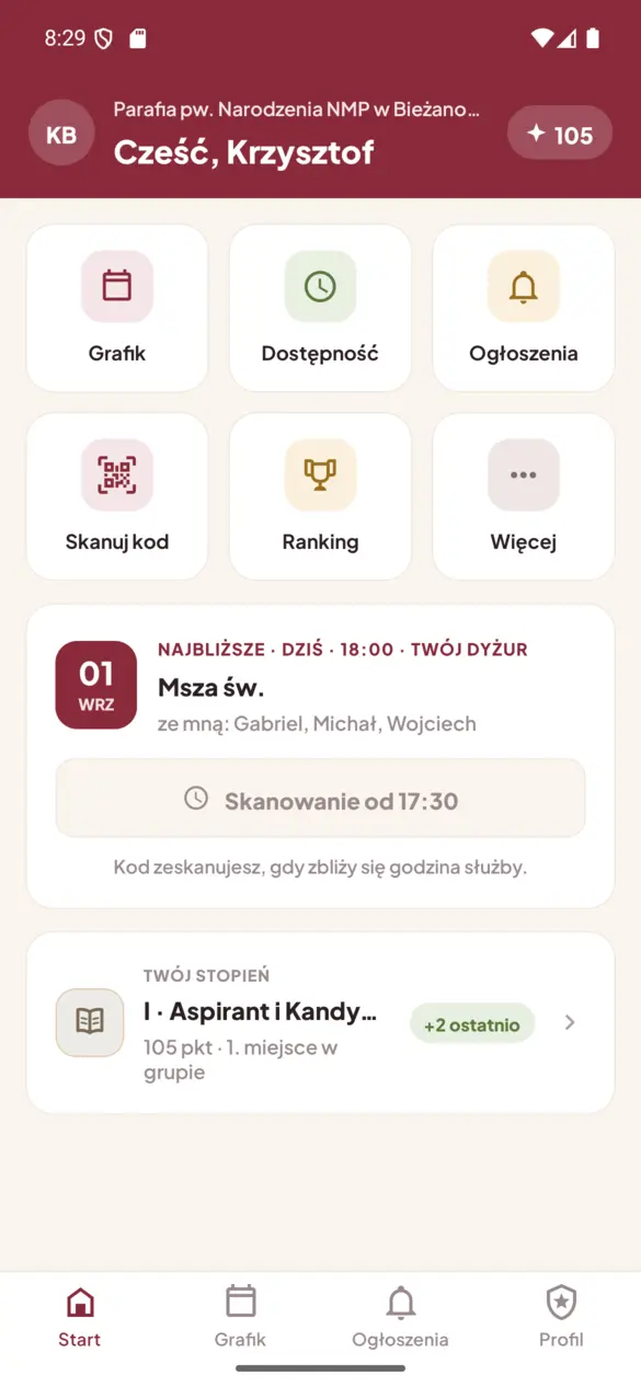 Sanktus Liturgia w telefonie ministranta: grafik, ogłoszenia i najbliższa służba