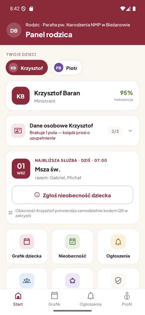 Panel rodzica w Sanktus Liturgia z listą dzieci
