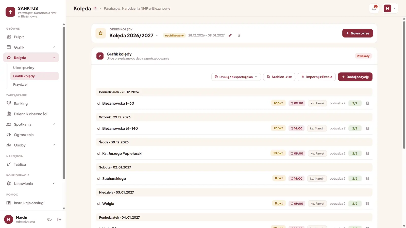 Grafik kolędy z ulicami i przydziałami