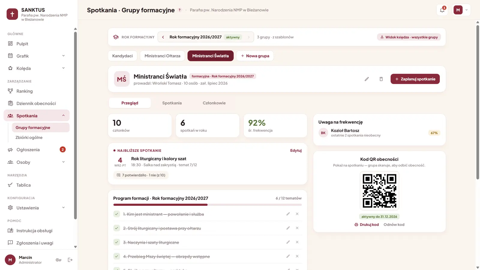 Widok grup formacyjnych z programem spotkań