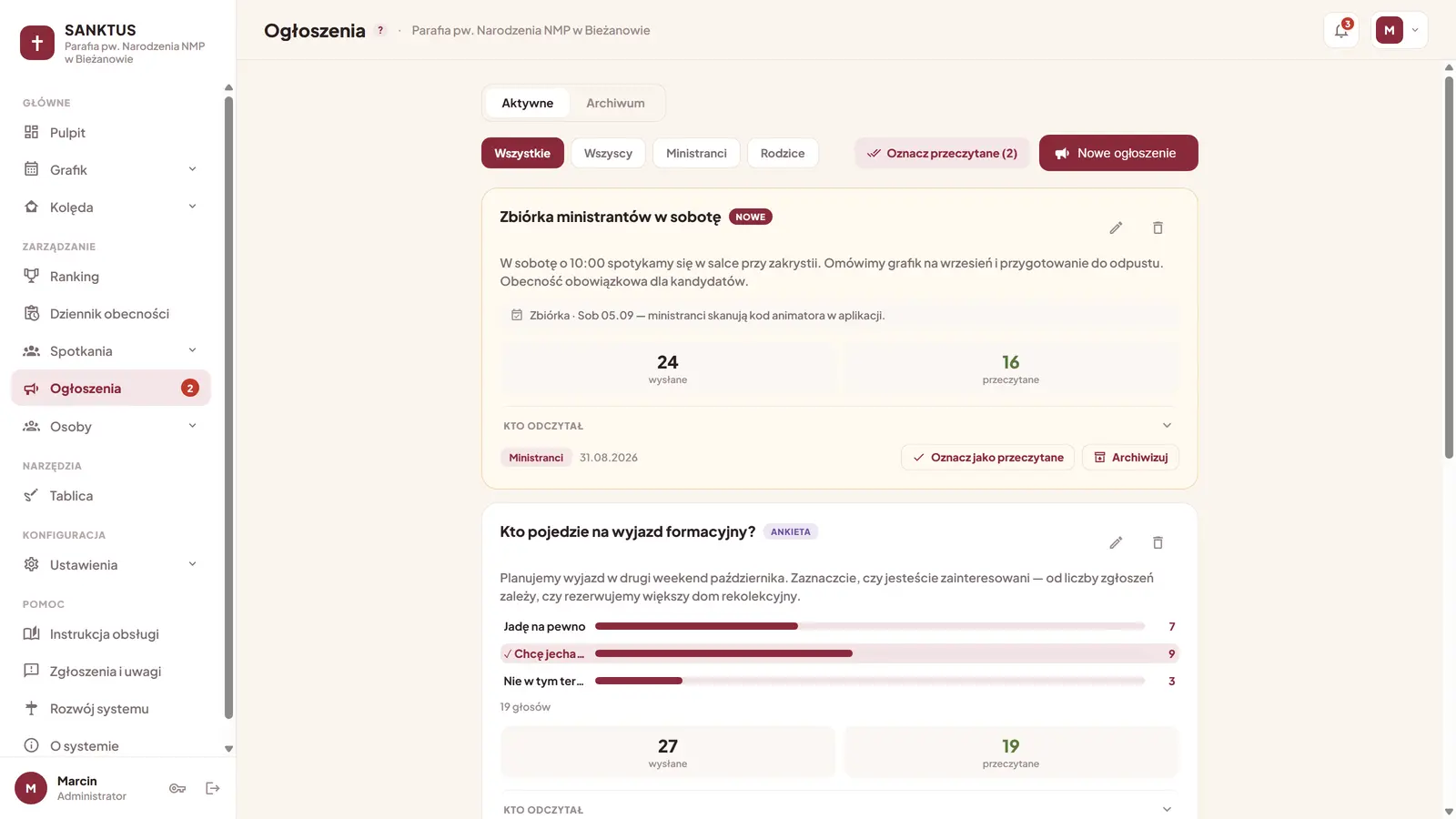 Ogłoszenia dla grup w systemie Sanktus Liturgia